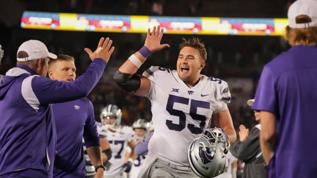 Kansas State offensive lineman Hayden Gillum celebrates after the Wildcats beat Iowa State, 10-9, during a NCAA college football game at Jack Trice Stadium in Ames, Iowa, on Saturday, Oct. 8, 2022. Iowastatevskansasstatefb 20221008 Bh